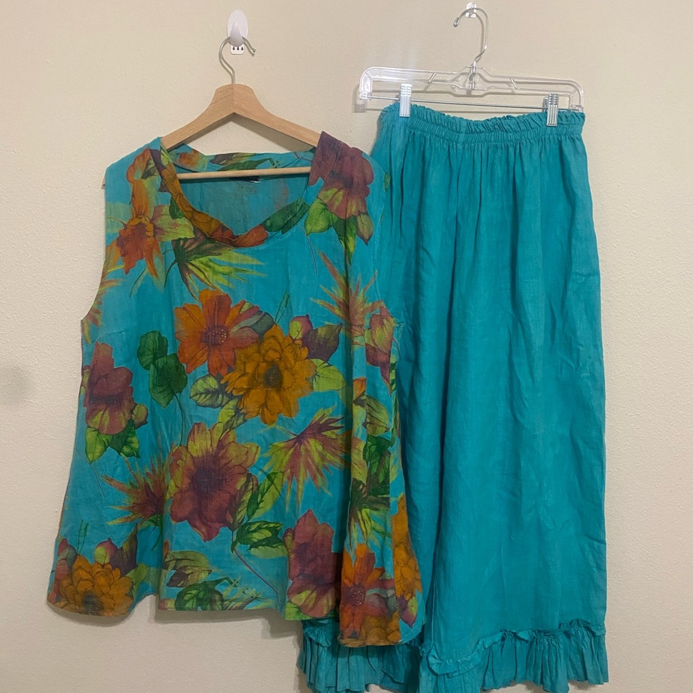 Turquoise Floral Sleeveless Top and Elastic Waist pant Set 100% linen